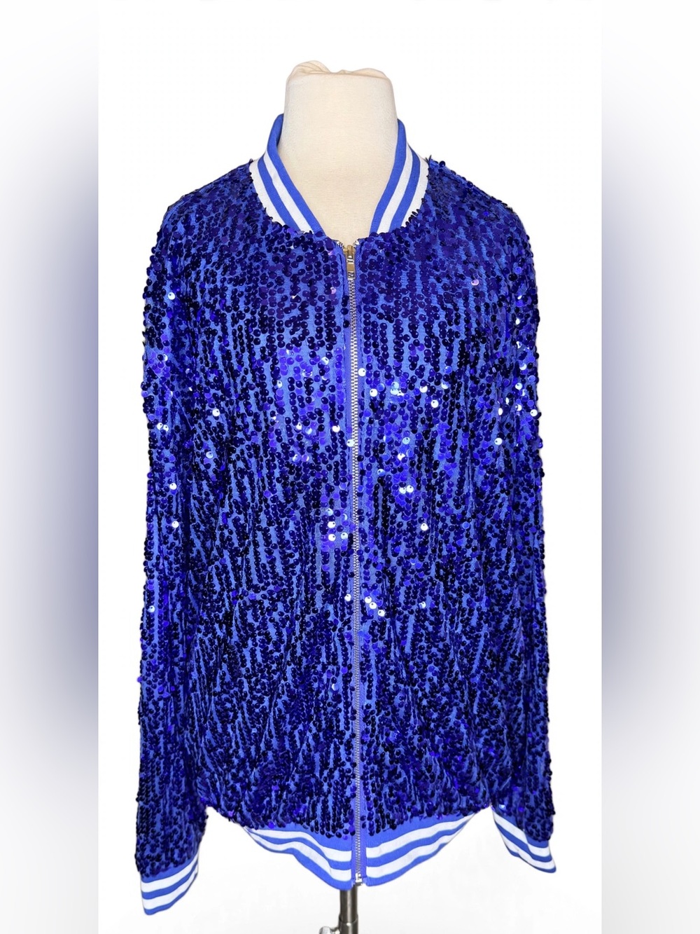 Anna-Kaci 2XL Blue Sequin Bomber Jacket Varsity Full Zip NWT Sparkle Party